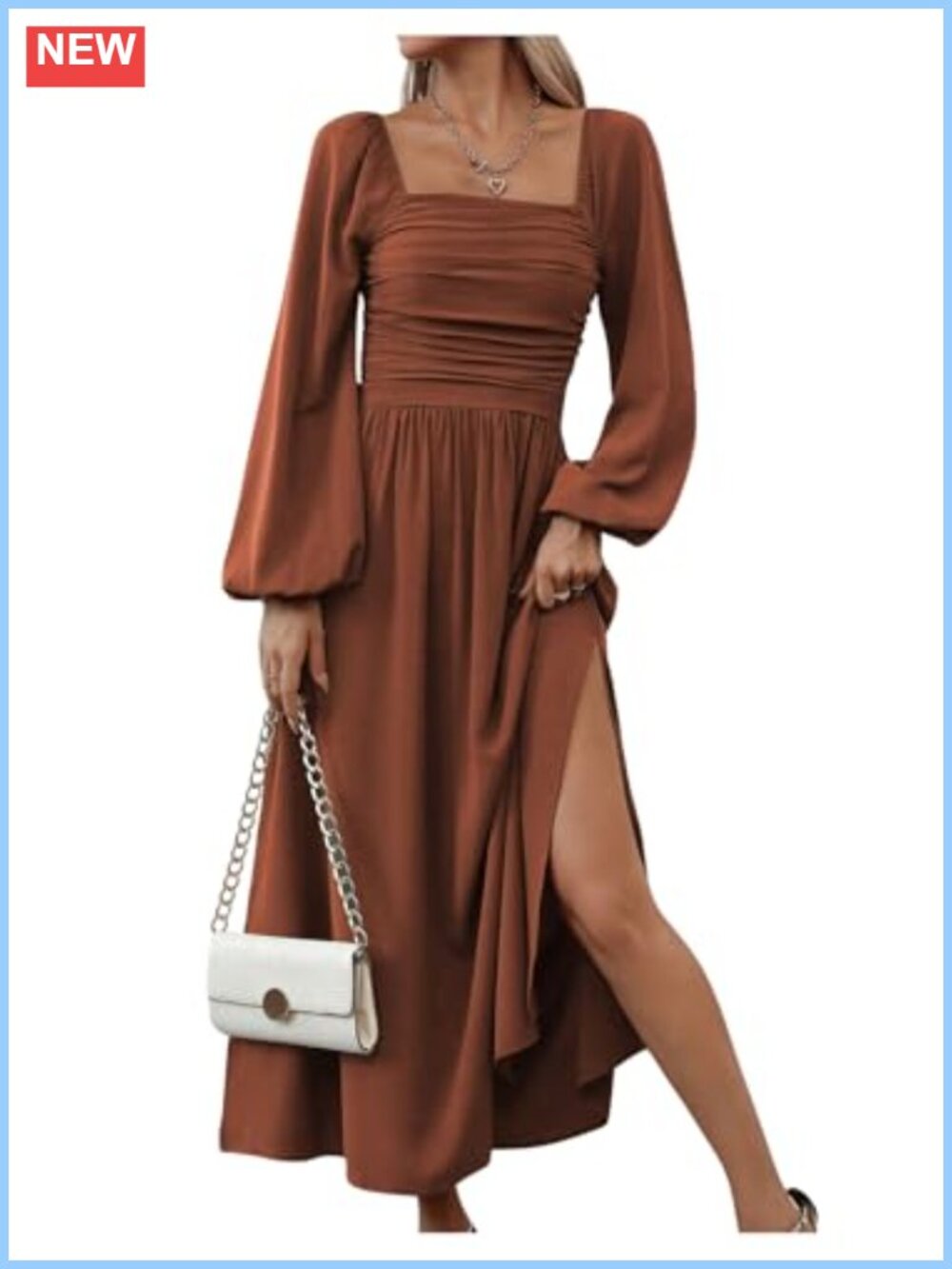 Floerns Women's Square Neck Lantern Long Sleeve Split Ruched Midi Dress